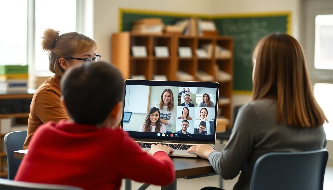 PTA president leading virtual meeting with parent members visible on laptop screen