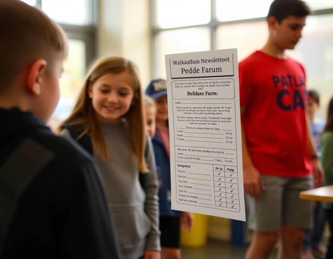 PTA walkathon pledge form and registration newsletter showing donation goal and per-lap tracking