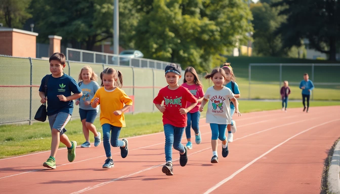 Students and families walking laps on school track during PTA walkathon fundraiser event