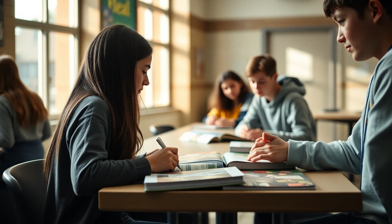 Students sitting at yearbook sale table signing each other's yearbooks on last school day