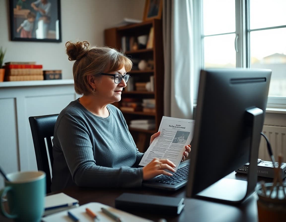 PTO president preparing meeting announcement newsletter on computer at home