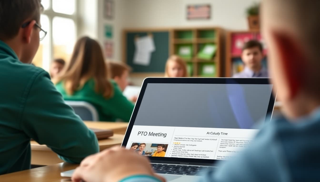 PTO meeting announcement in school newsletter displayed on laptop with agenda visible