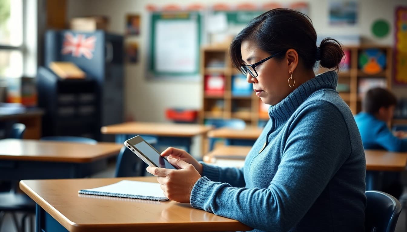 Room parent volunteer sitting at classroom desk drafting newsletter on tablet