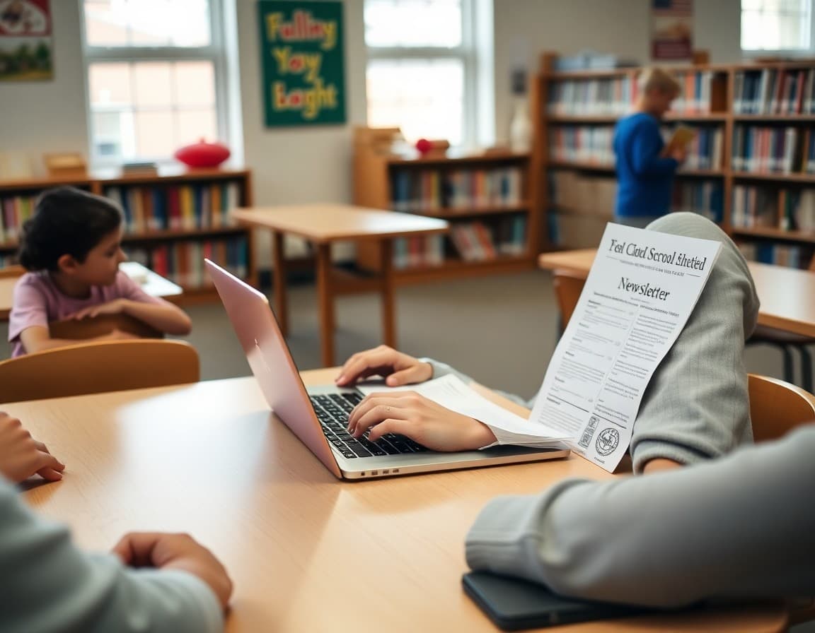 Parent volunteer typing PTA newsletter on laptop at school library table