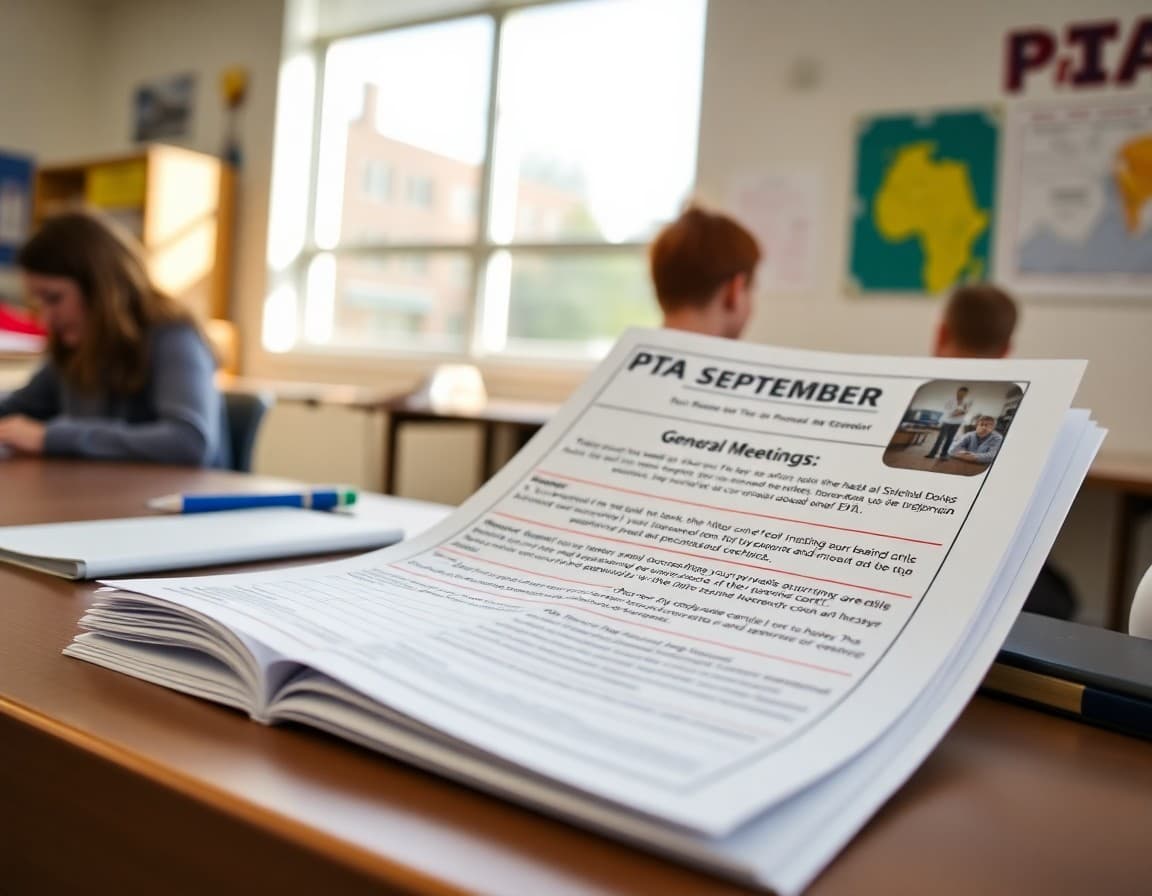 September PTA newsletter on a desk showing first general meeting details and volunteer opportunities