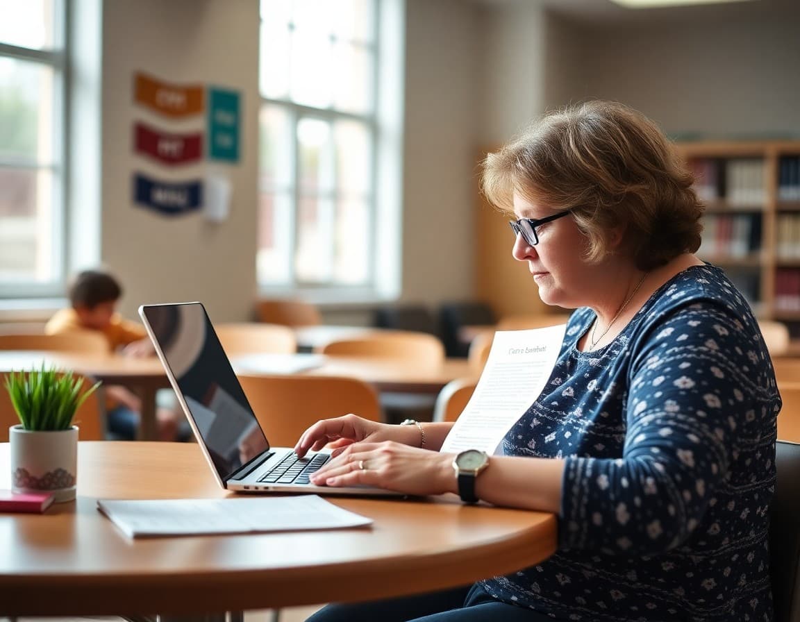 Parent volunteer typing PTA newsletter on laptop at school library table