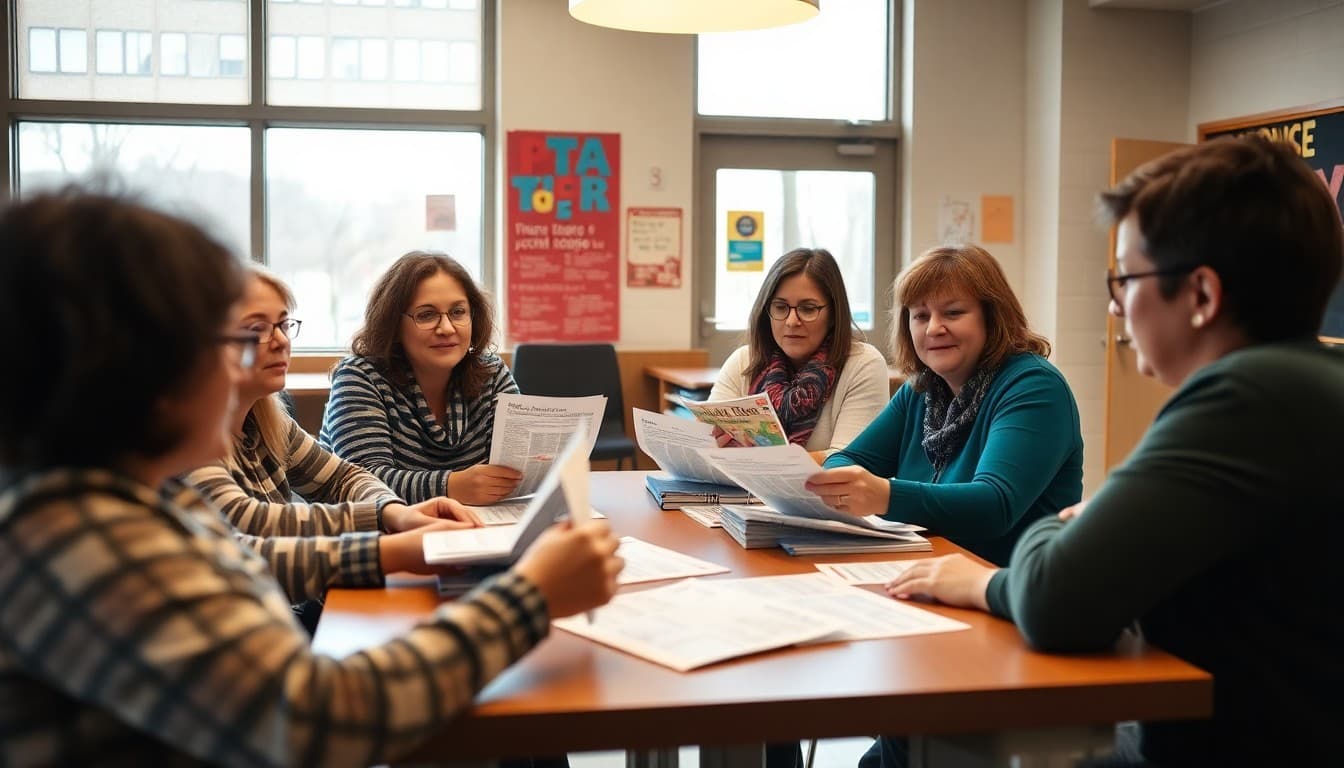 Tennessee PTA members gathered at school table reviewing newsletter drafts together