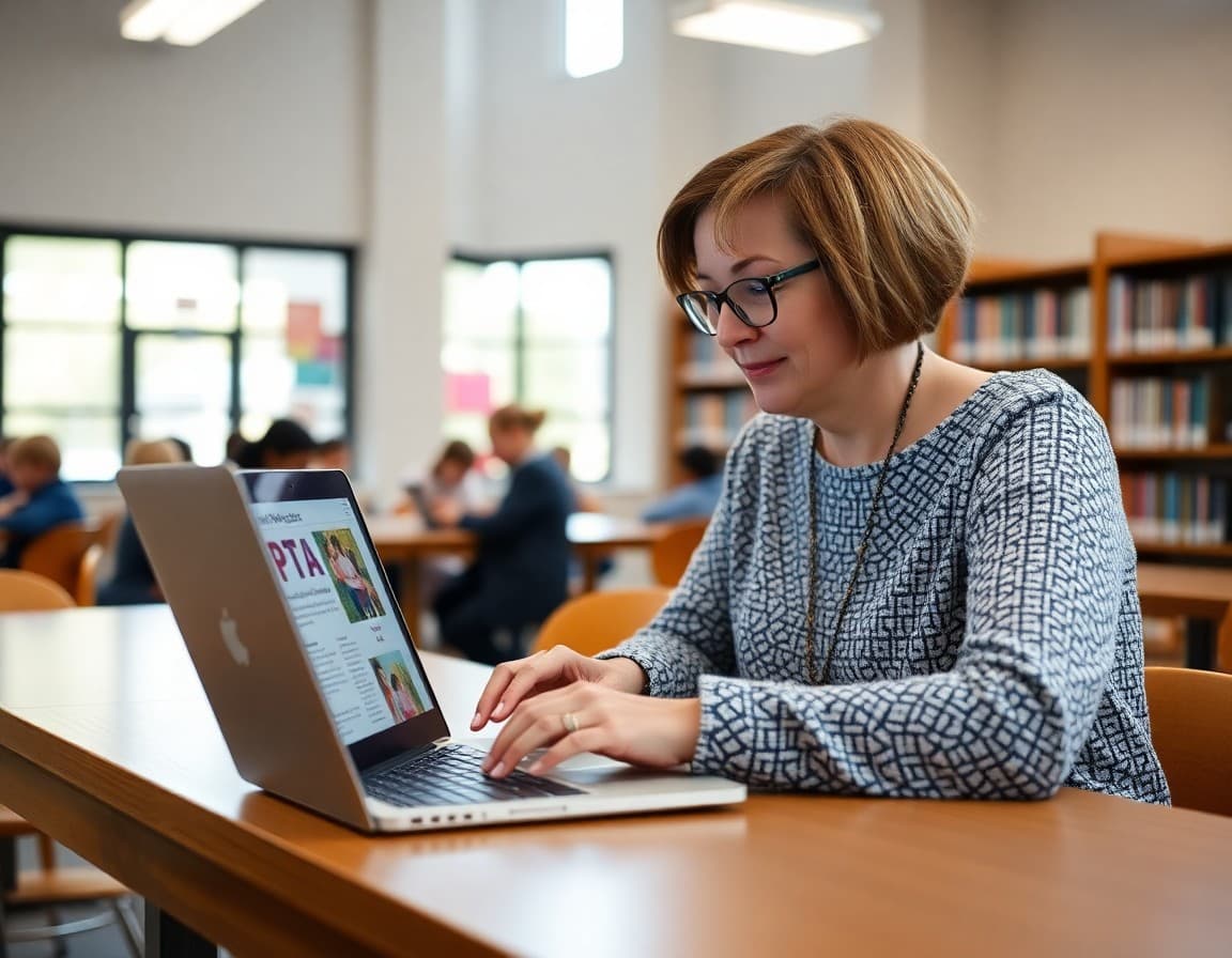 Parent volunteer typing PTA newsletter on laptop at school library table