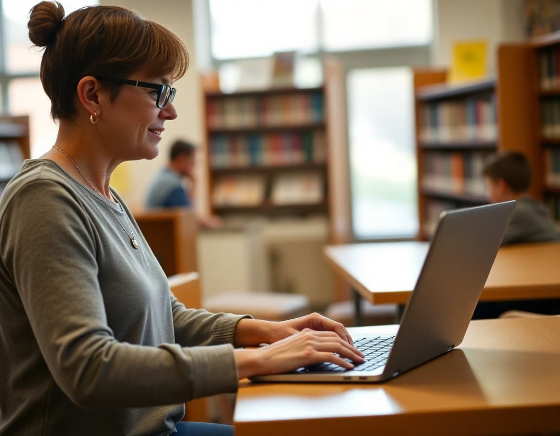Parent volunteer typing PTA newsletter on laptop at school library table