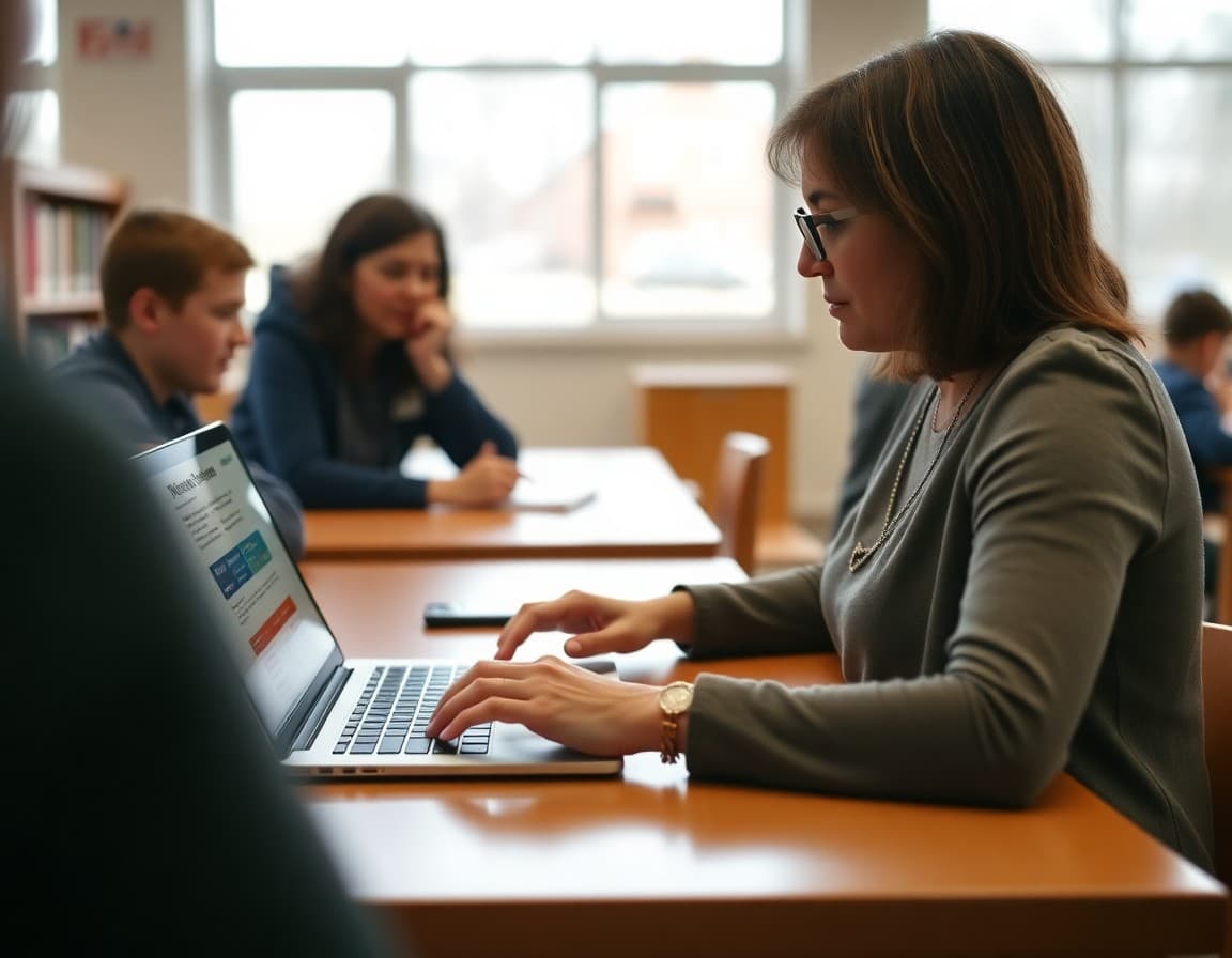 Parent volunteer typing PTA newsletter on laptop at school library table