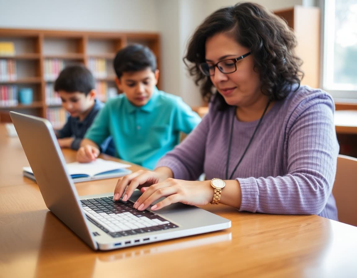 Parent volunteer typing PTA newsletter on laptop at school library table