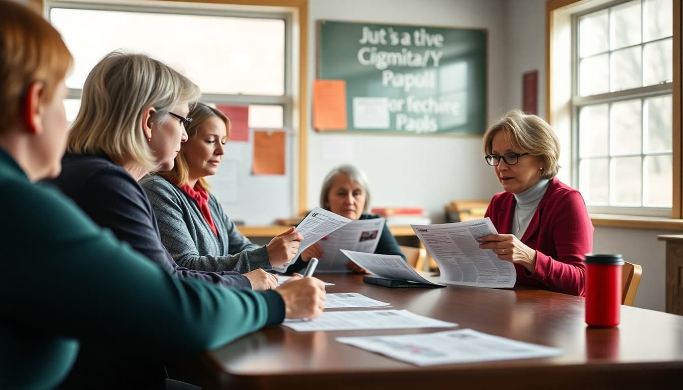 Vermont PTA members gathered at school table reviewing newsletter drafts together