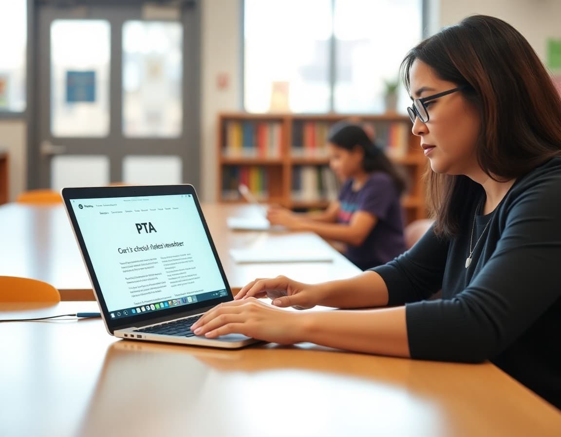 Parent volunteer typing PTA newsletter on laptop at school library table