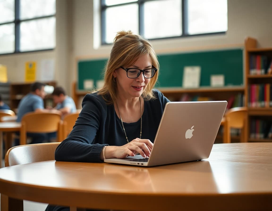 Parent volunteer typing PTA newsletter on laptop at school library table