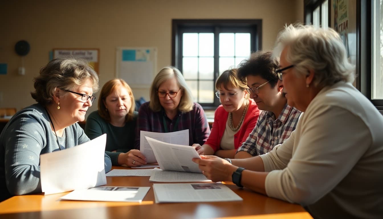 West Virginia PTA members gathered at school table reviewing newsletter drafts together