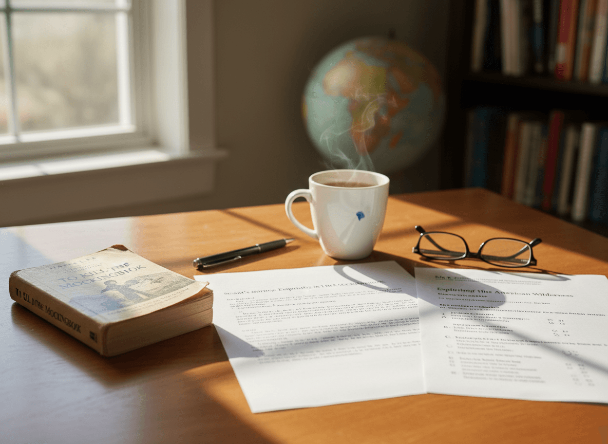 An eighth grader's essay draft beside a copy of To Kill a Mockingbird and an SAT-style reading passage handout