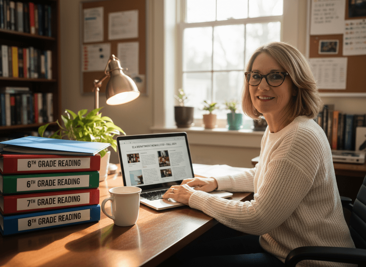 A department chair drafting the ELA newsletter on a laptop next to a stack of grade-level reading binders