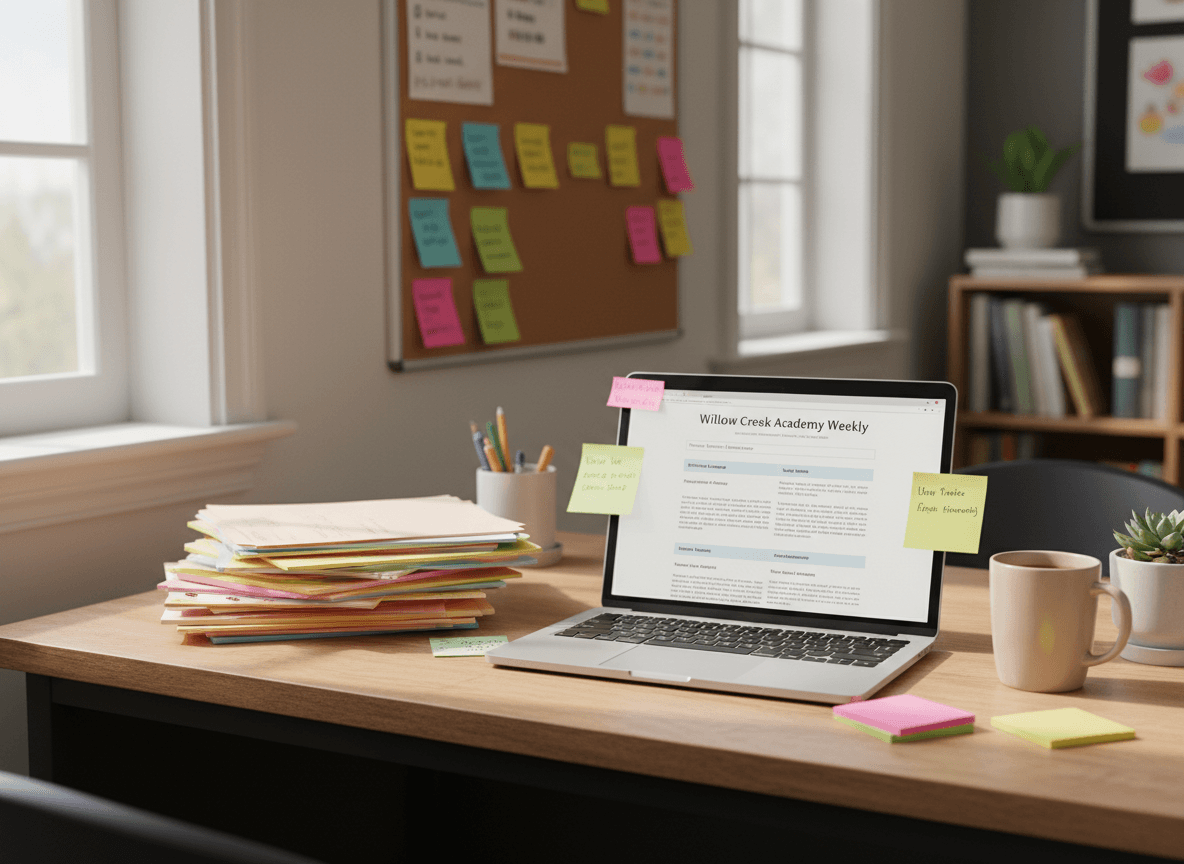 A teacher's desk with end-of-unit assessments, sticky notes, and a draft newsletter open on a laptop