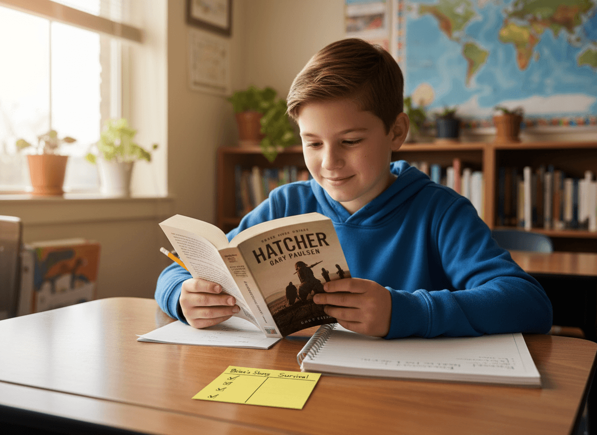 A fifth grader reading Hatchet at a desk with a reading log and a Post-it tracker showing two storylines