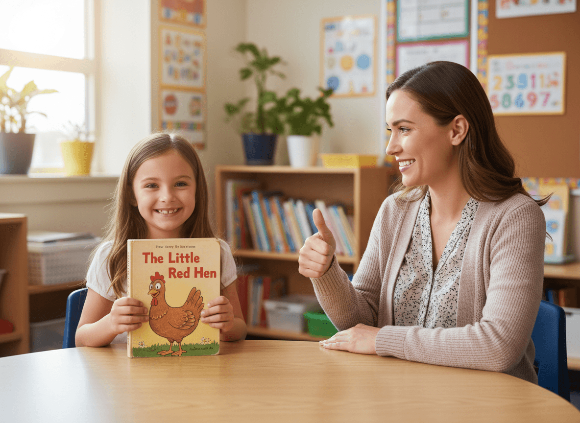 A first grader smiling while holding up a beginning reader they just finished, with a teacher giving a thumbs up from across the table