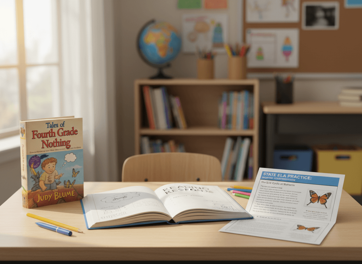A fourth grade reading response notebook open beside Tales of a Fourth Grade Nothing and a state test practice passage