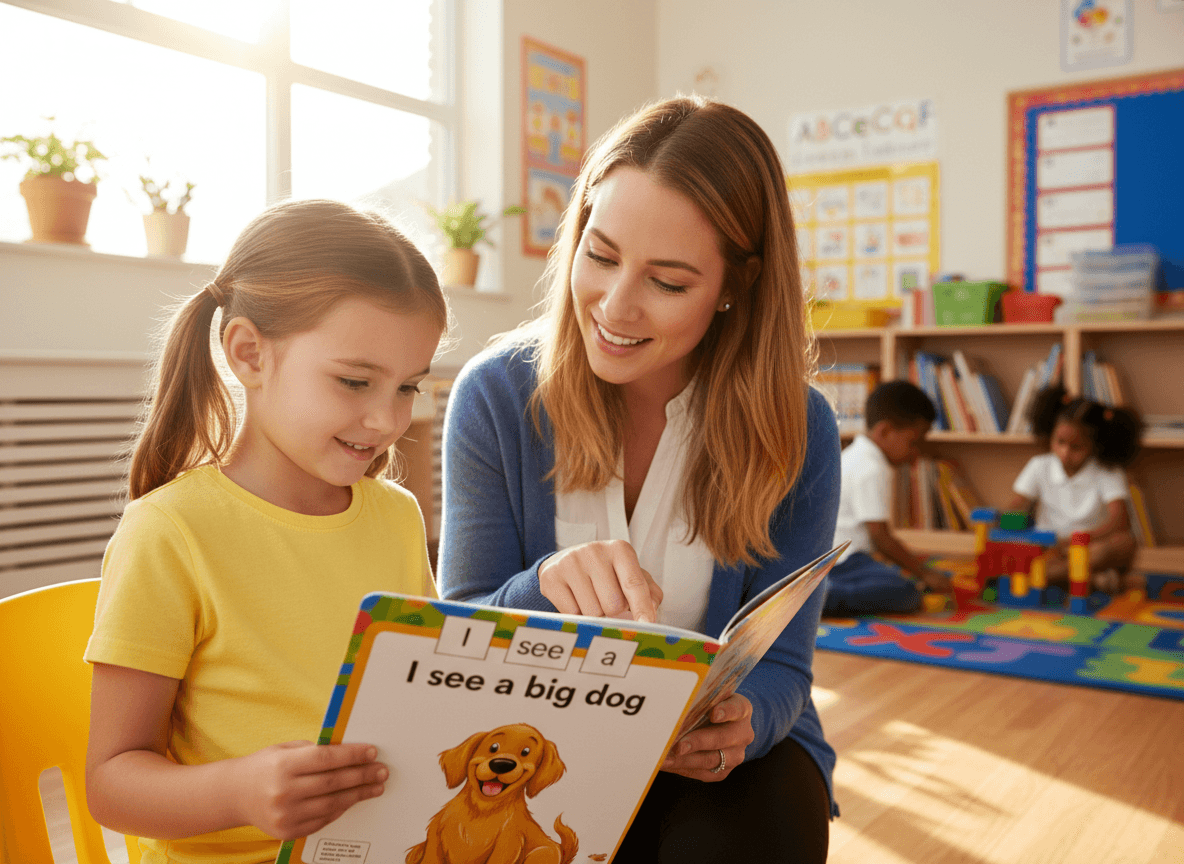 A kindergarten student holding a beginning reader open to a page with three sight words and a picture clue while a teacher points to the text
