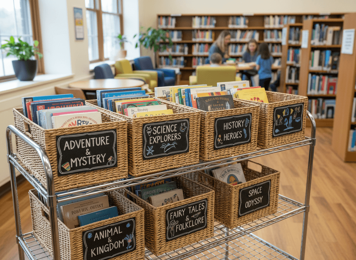 Themed book bins labeled by topic on a library cart ready for classroom delivery