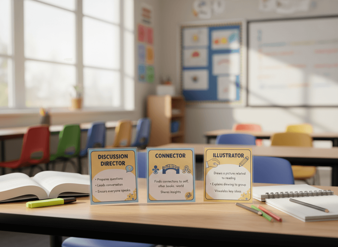 A book club role sheet with discussion director, connector, and illustrator cards on a classroom desk