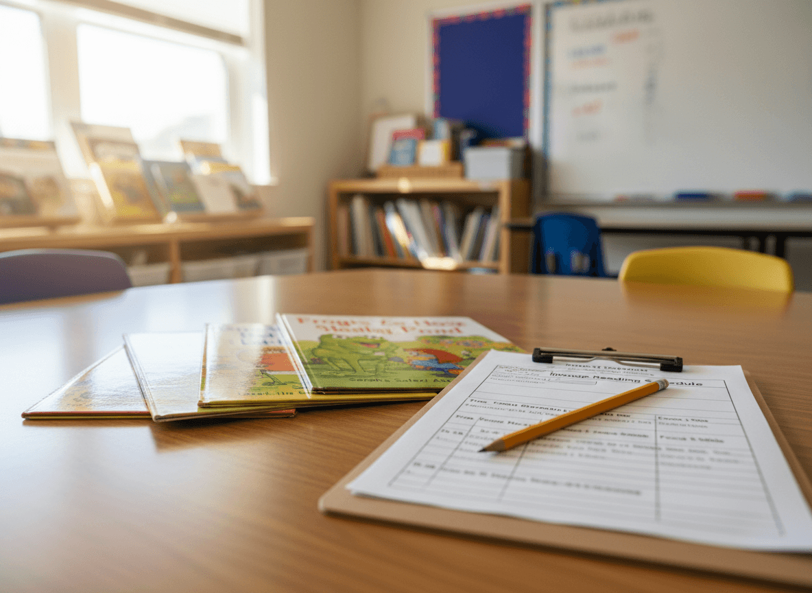 A teacher's clipboard with running records, leveled texts, and a small group reading schedule