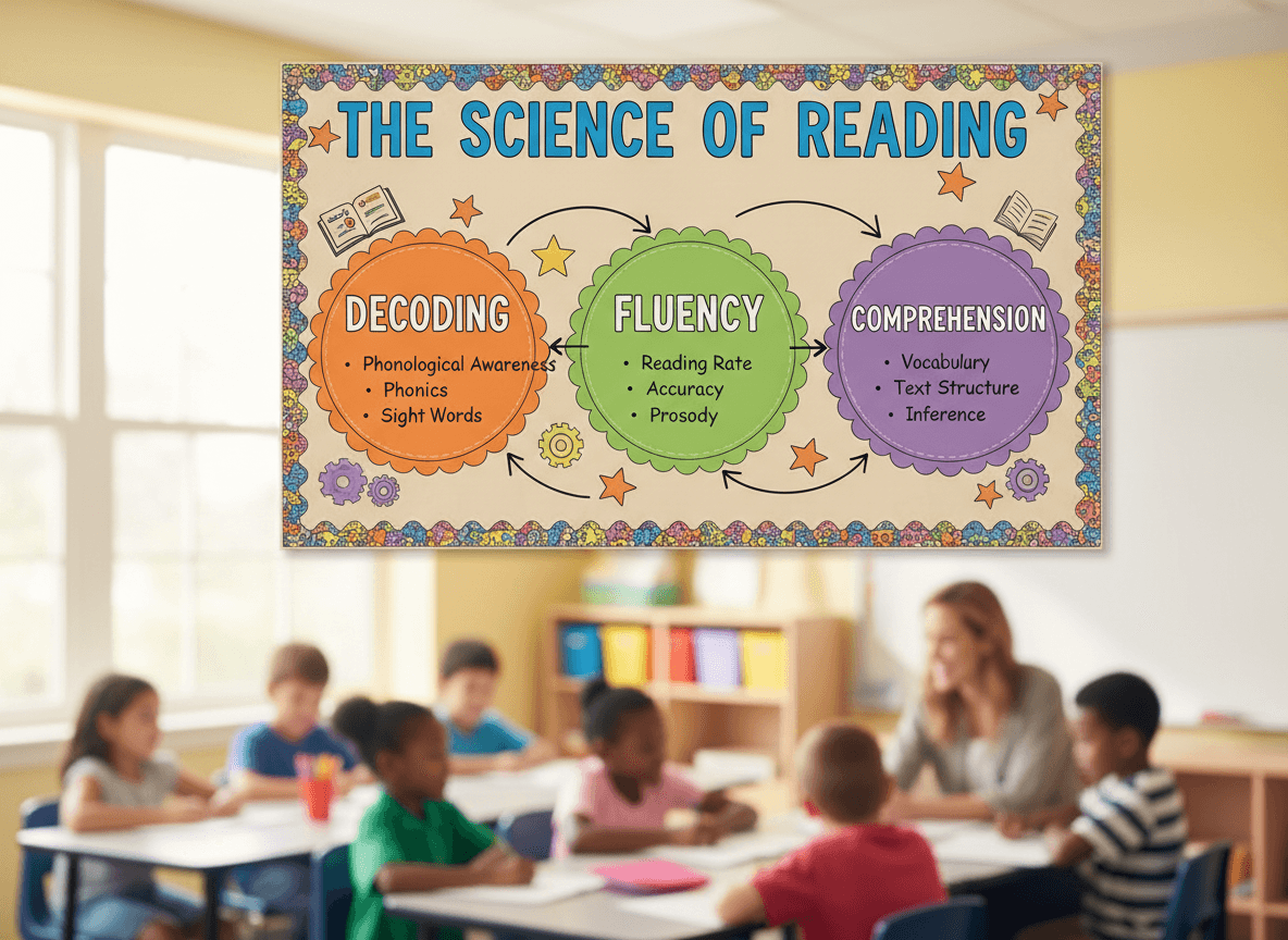 A classroom anchor chart breaking the science of reading into decoding, fluency, and comprehension