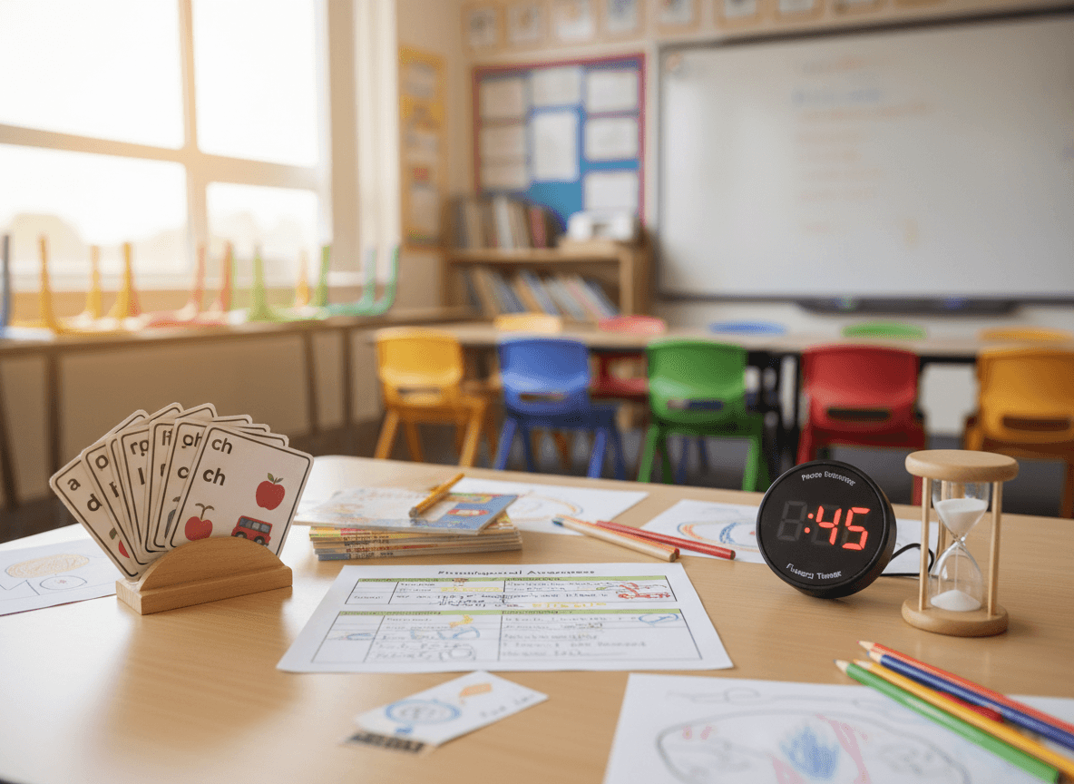 A structured literacy lesson plan with sound cards, decodable texts, and a fluency timer on a teacher's desk