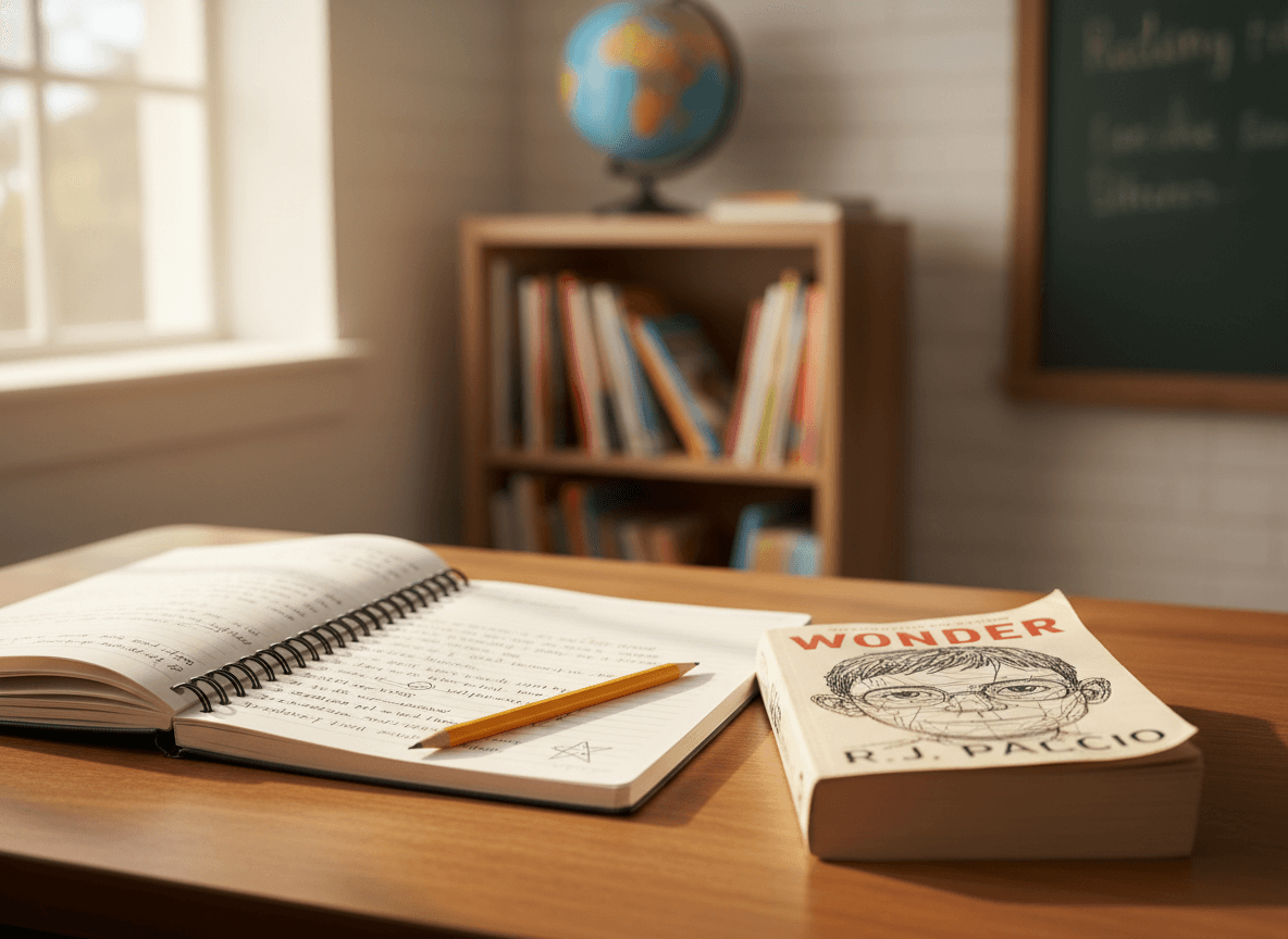 A reading response journal open to a page of student writing next to a copy of Wonder and a sharpened pencil