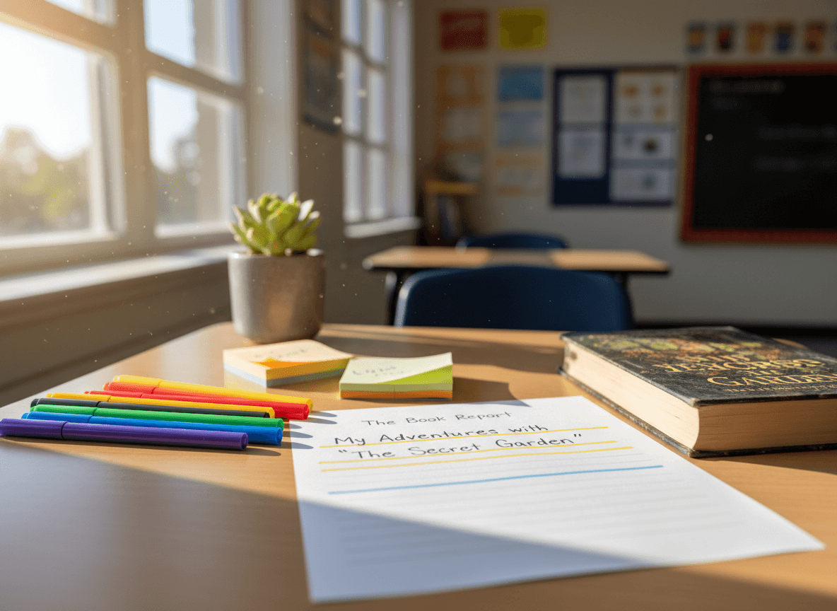 A one-page book report draft on a desk next to colored markers, sticky notes, and a chapter book