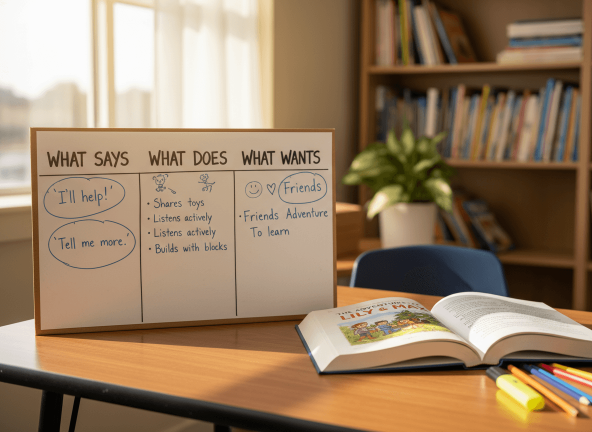 A student-written character chart with columns for what the character says, does, and wants, next to an open chapter book