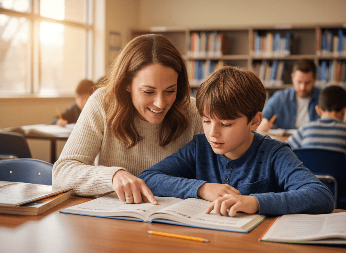 A parent and a fifth grader talking through an unfamiliar word using surrounding sentences at the table