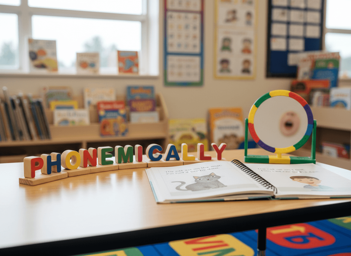 Letter tiles spelling out a multisyllabic word next to a decodable text and a small mirror for mouth shape
