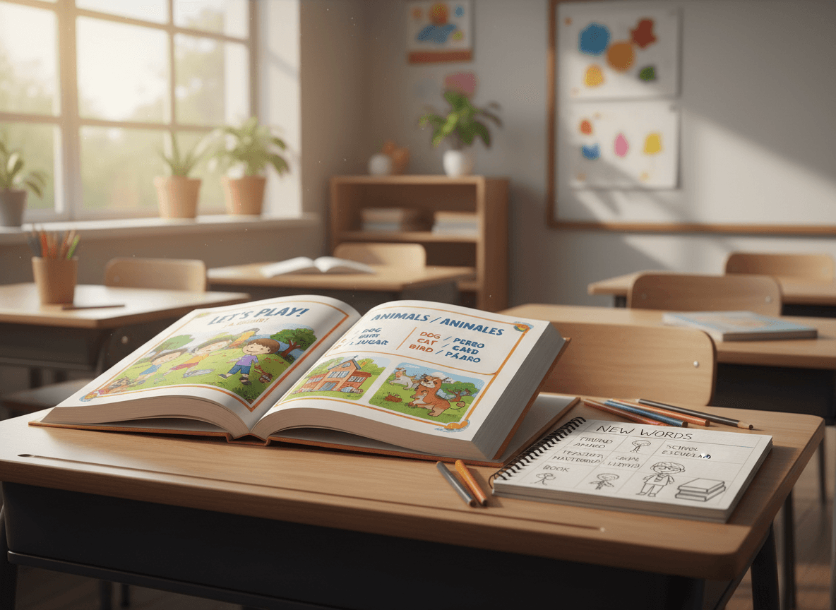 A bilingual picture book open on a desk next to a notebook with vocabulary words and small sketches