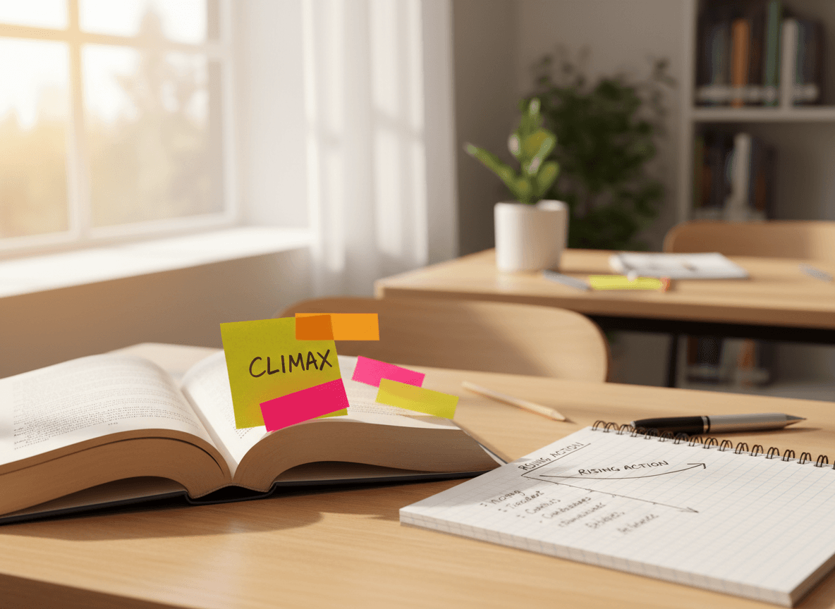 An open chapter book on a desk with sticky notes marking the climax and a student notebook tracking the rising action