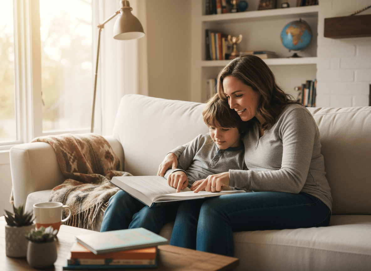 A parent and a fourth grader pointing at a sentence in a chapter book on the couch after dinner