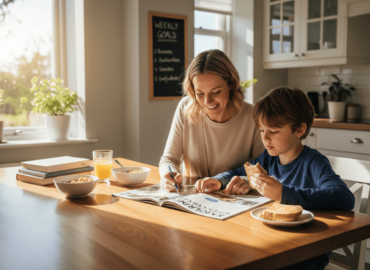 A parent and a fourth grader discussing the main idea of a magazine article over breakfast