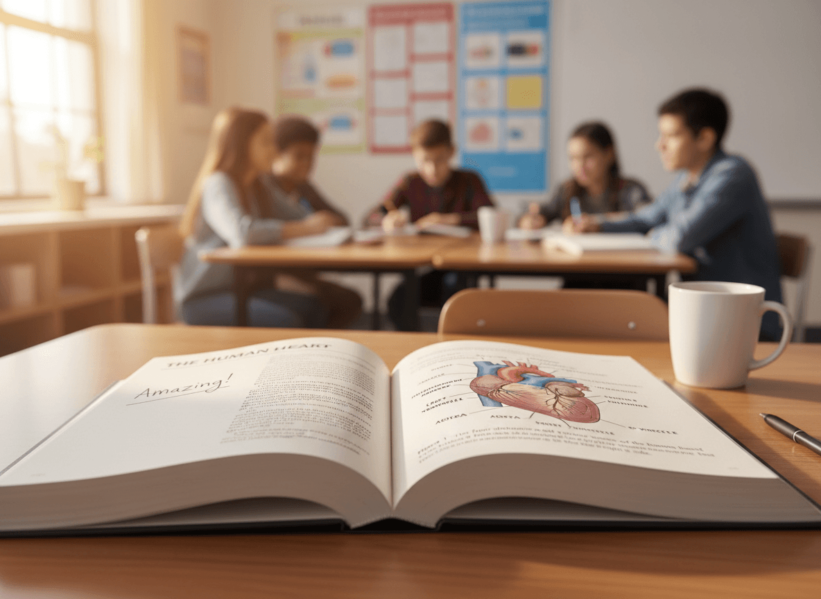 An open nonfiction book showing a labeled diagram, a caption, and a bold heading with a student annotation in the margin