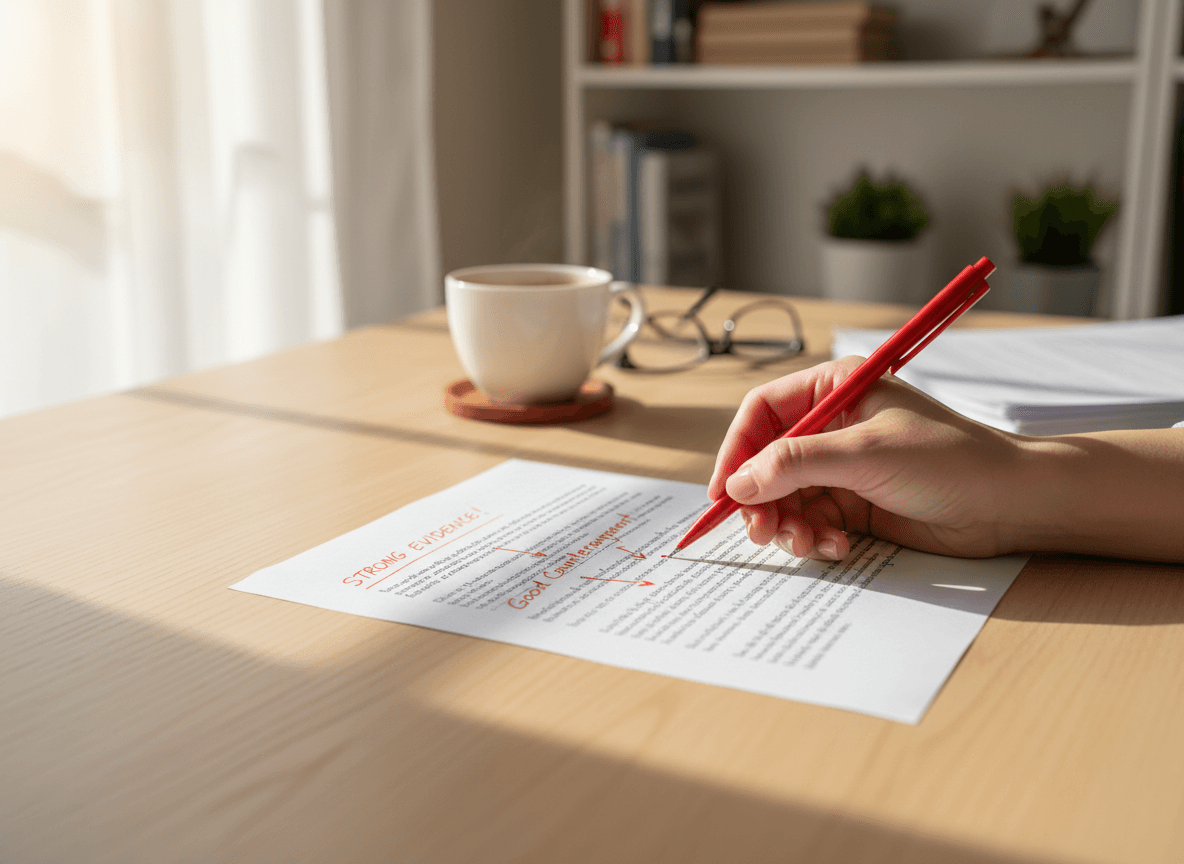 A teacher's hand annotating a student persuasive essay draft with margin notes pointing to evidence and counterargument