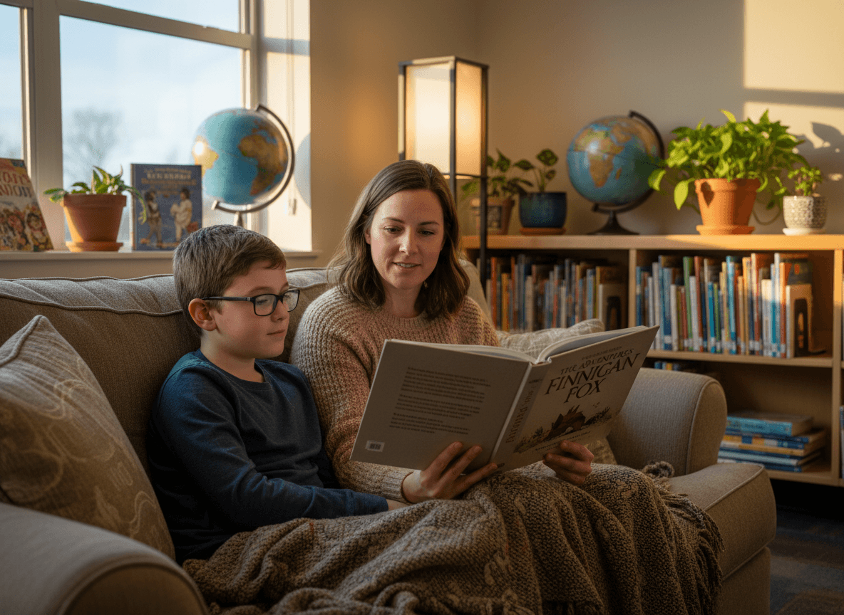A parent reading aloud to a fourth grader on a couch in the evening with a chapter book open