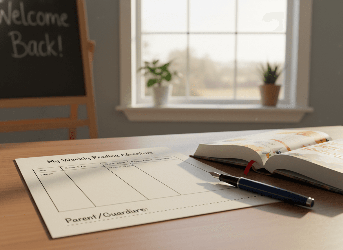 A simple weekly reading log next to a chapter book and a parent signature line