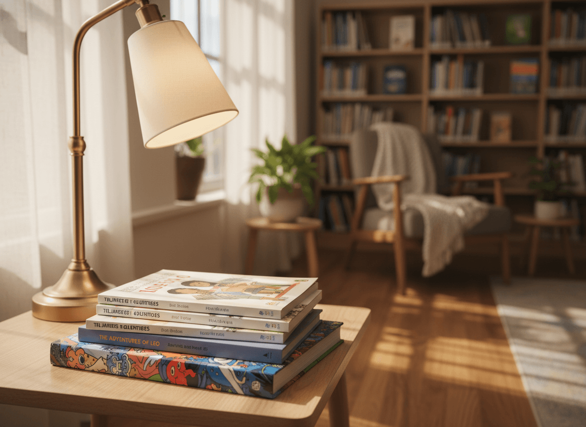 A small stack of graphic novels and shorter chapter books on a side table next to a reading lamp
