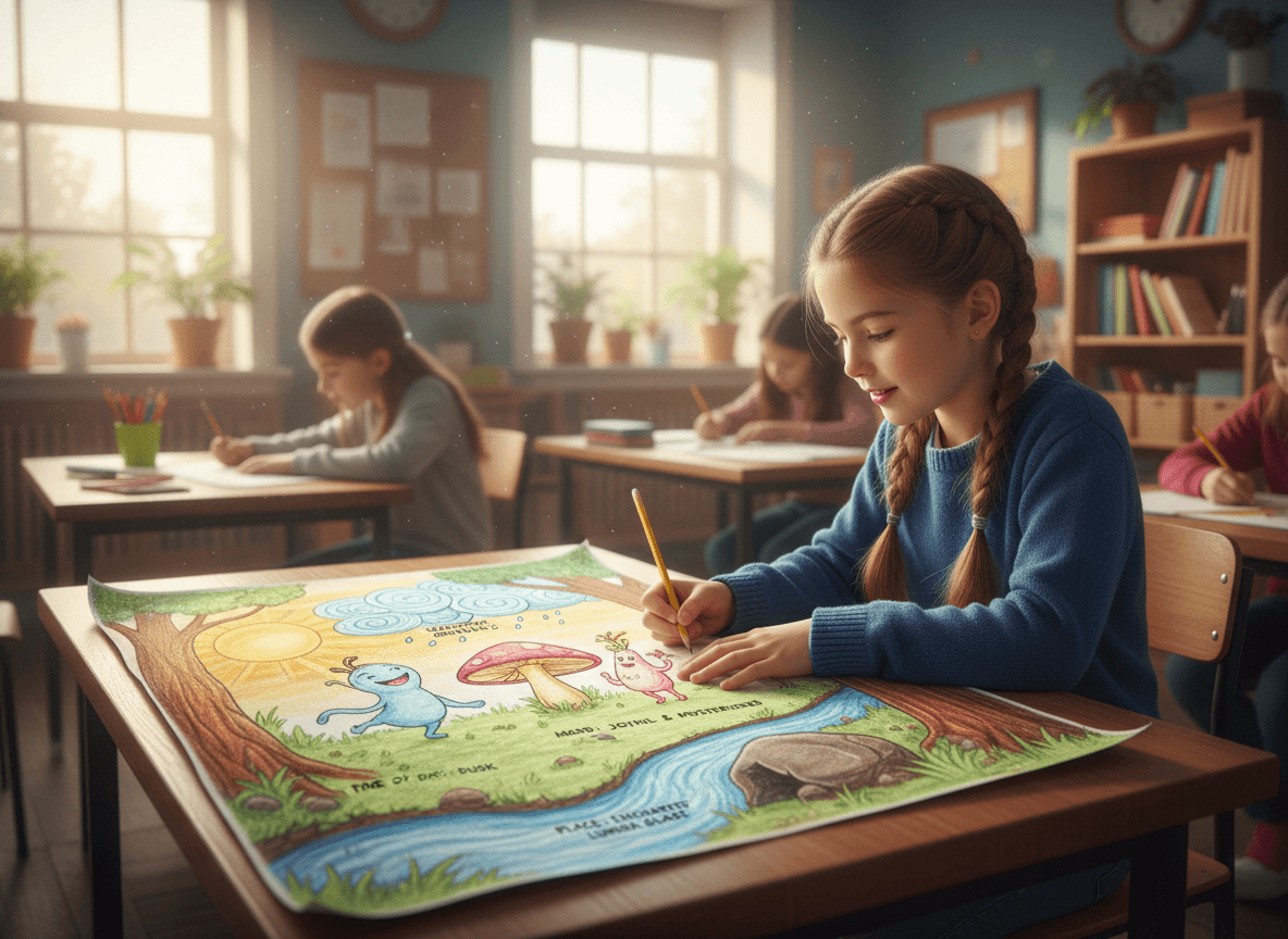 A student drawing of a story setting with labeled details for time of day, weather, mood, and place pulled directly from the text