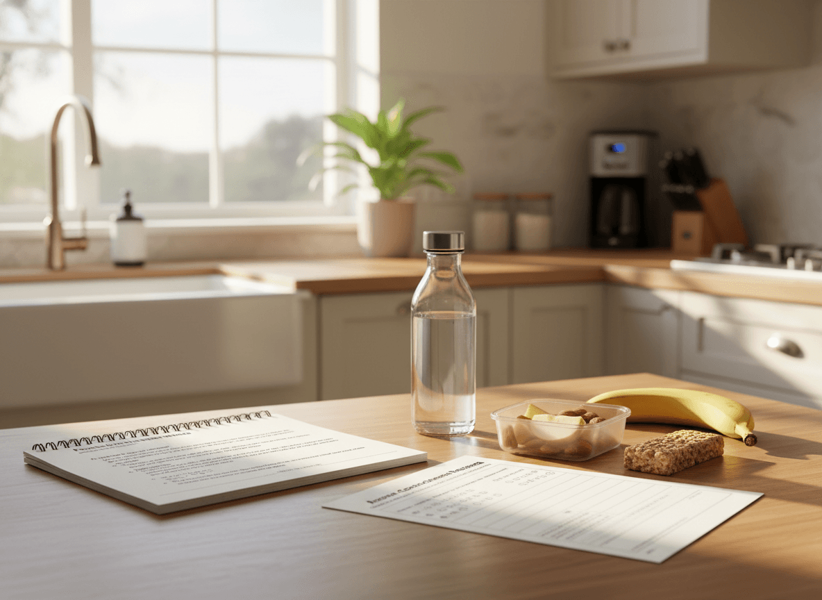A practice reading passage and answer document next to a water bottle and a healthy snack on a kitchen counter the morning of a test