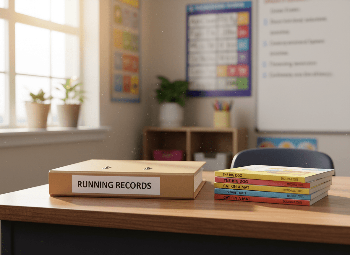 A binder of running records and a small stack of decodable texts on a teacher's desk