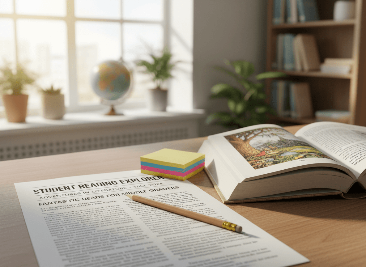 A printed student reading newsletter on a desk with a pencil, sticky notes, and a chapter book