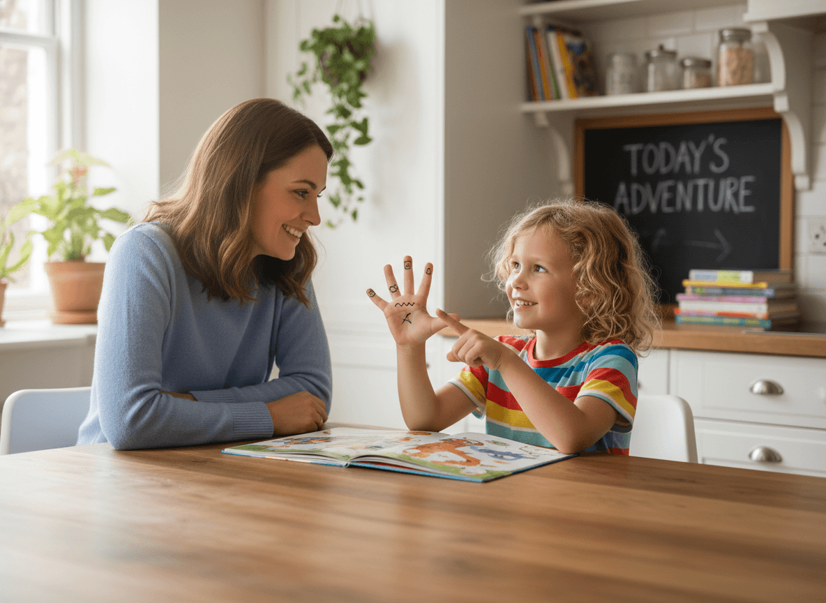 A parent listening to a child retell a story using a five-finger scaffold at the kitchen table